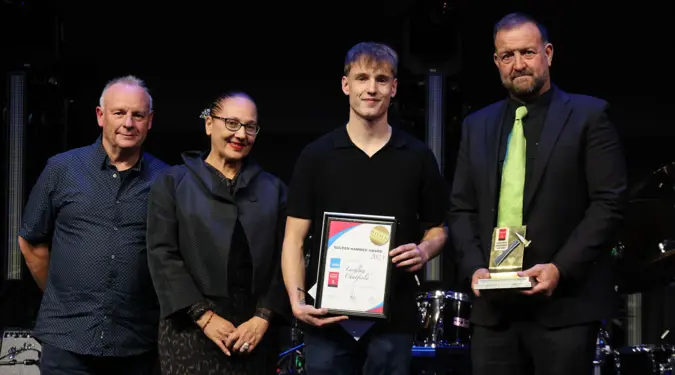 Photo captions: Steve Noyer (Moselle Panel & Paint, one of the Apprentice of the Year judges), Verna Niao (Executive Director, MITO), Golden Hammer Award winner Lachlan Chatfield, and Warren Flowerday (CRA Chair).