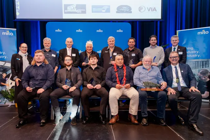 Back row L-R: MITO Chief Executive Verna Niao, Patrick Neal and Simon Coleman from Ashburton College, Dave Pardoe, Mark McCarthy from McCarthy Transport Ltd, Jay Halliday on behalf of Reuben Halliday, Daryn Murphy from Tranzit Group, MITO Board Director James McDowall.

Front row L-R: Kristian Larsen from Omexom, Zane O'Gorman from Griffiths Drilling , Jet Te Aho from Cavanagh Panelbeaters, Tavita Fa'amausili from Omexom , Bob Boniface, MITO Board Chairperson Sturrock Saunders.