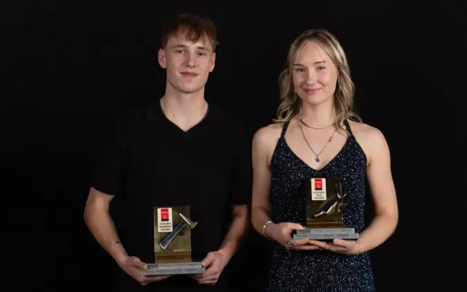 Lachlan Chatfield and Emma Simpson each hold their 2025 Collision Repair Association’s (CRA) Apprentice of the Year Award.